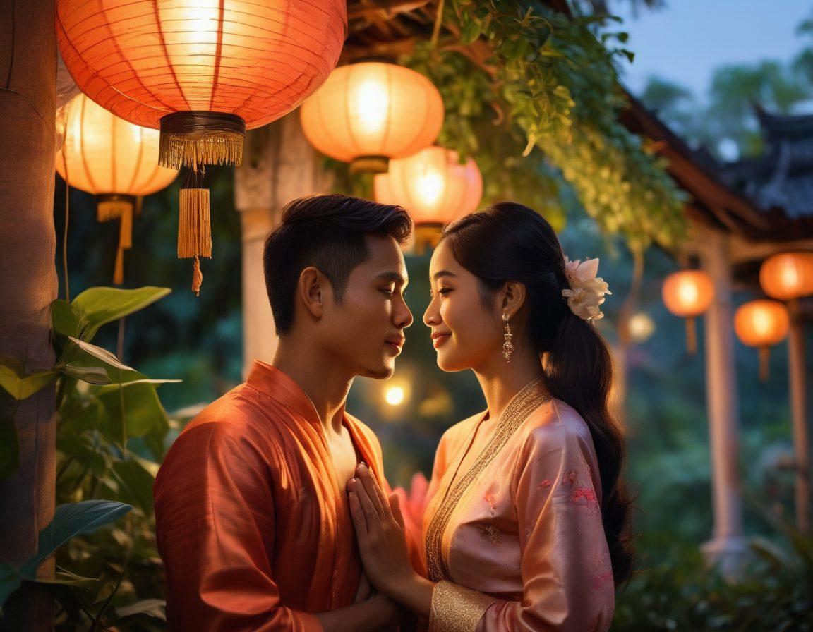 A passionate scene of a young Khmer couple sharing an intimate moment under the soft glow of lanterns, surrounded by lush greenery and traditional Cambodian architecture. The ambiance conveys a mix of flirtation and forbidden love, with a touch of cultural symbolism, such as lotus flowers and traditional fabrics artfully integrated into the scene. The expressions on their faces should tell a story of longing and connection. super-realistic. warm tones. romantic atmosphere.