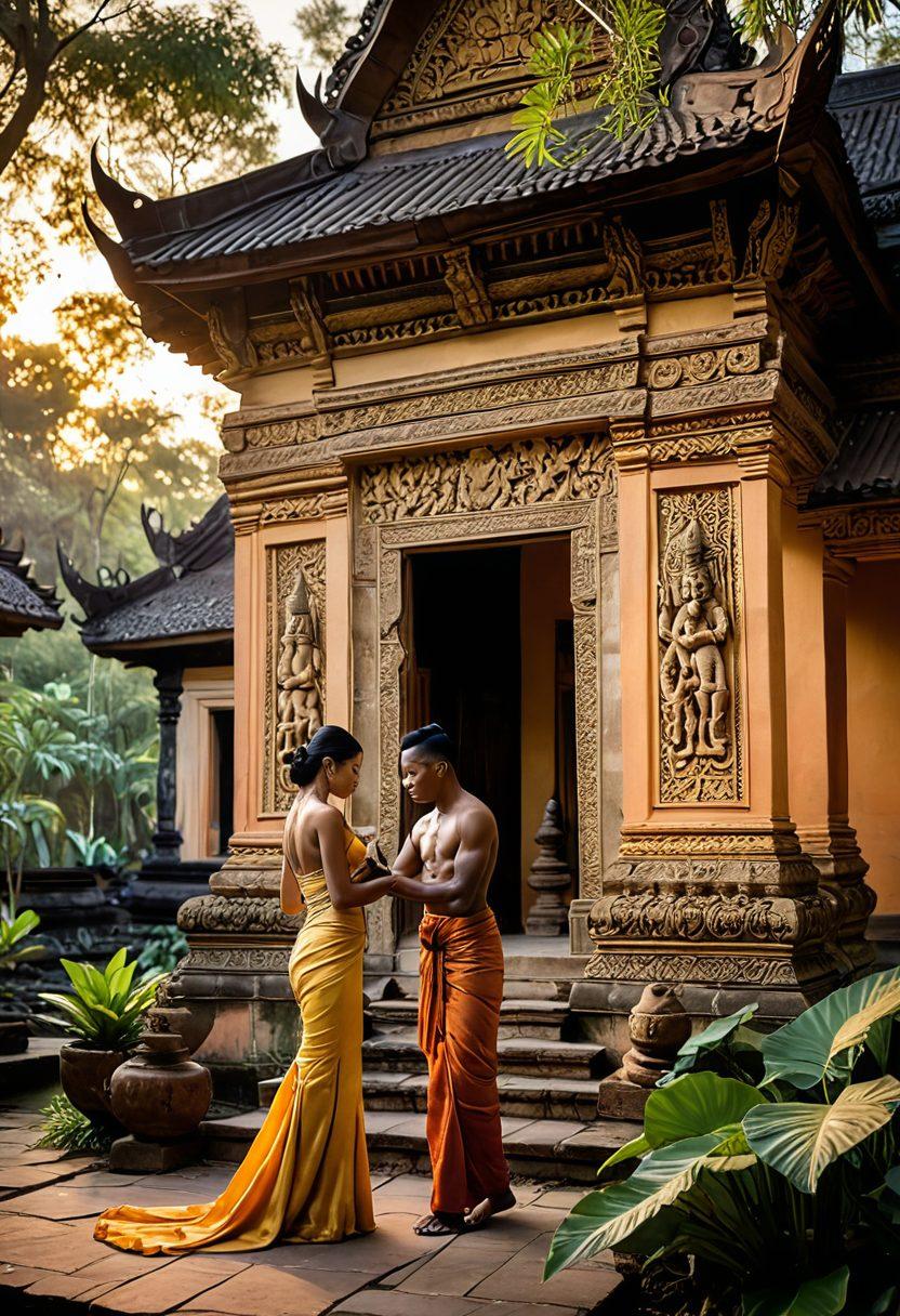 A serene Cambodian temple courtyard bathed in soft golden sunset light, featuring a couple engaged in a playful dance that embodies intimacy and connection, surrounded by lush tropical foliage and intricate stone carvings depicting Khmer love stories. The atmosphere is warm and inviting, evoking a sense of romance and culture. painting. warm colors. soft focus.